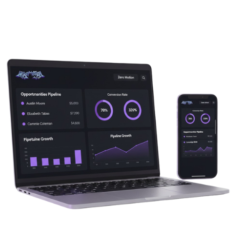 GoHighLevel Dashboard on MacBook and Mobile App on iPhone